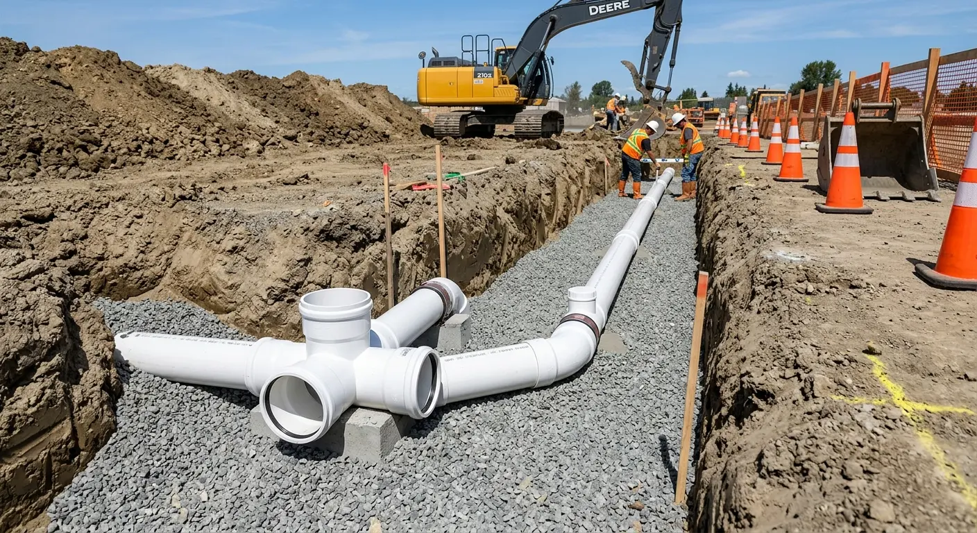 New PVC sewer pipe installation in open trench for Sewer Backup in Rancho Santa Margarita