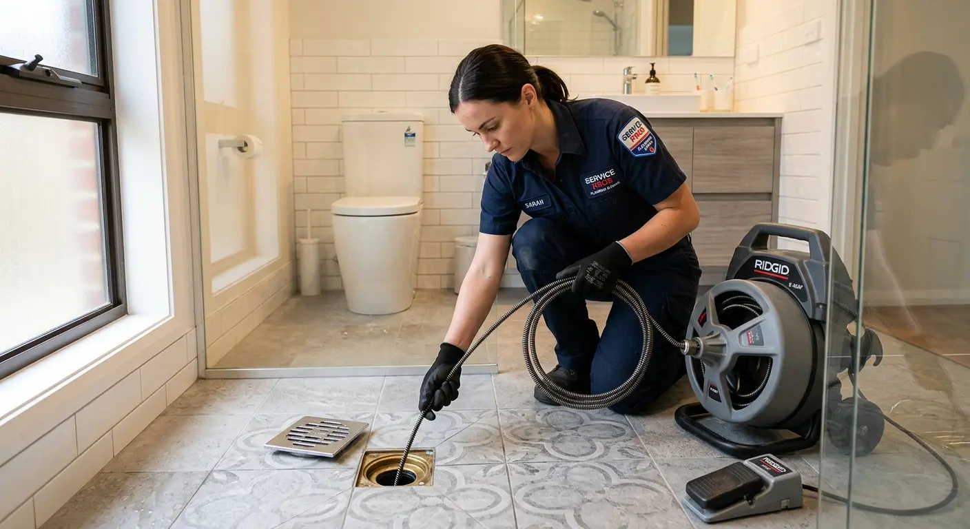 Technician clearing a bathroom floor drain for Drain Repair in Rancho Santa Margarita